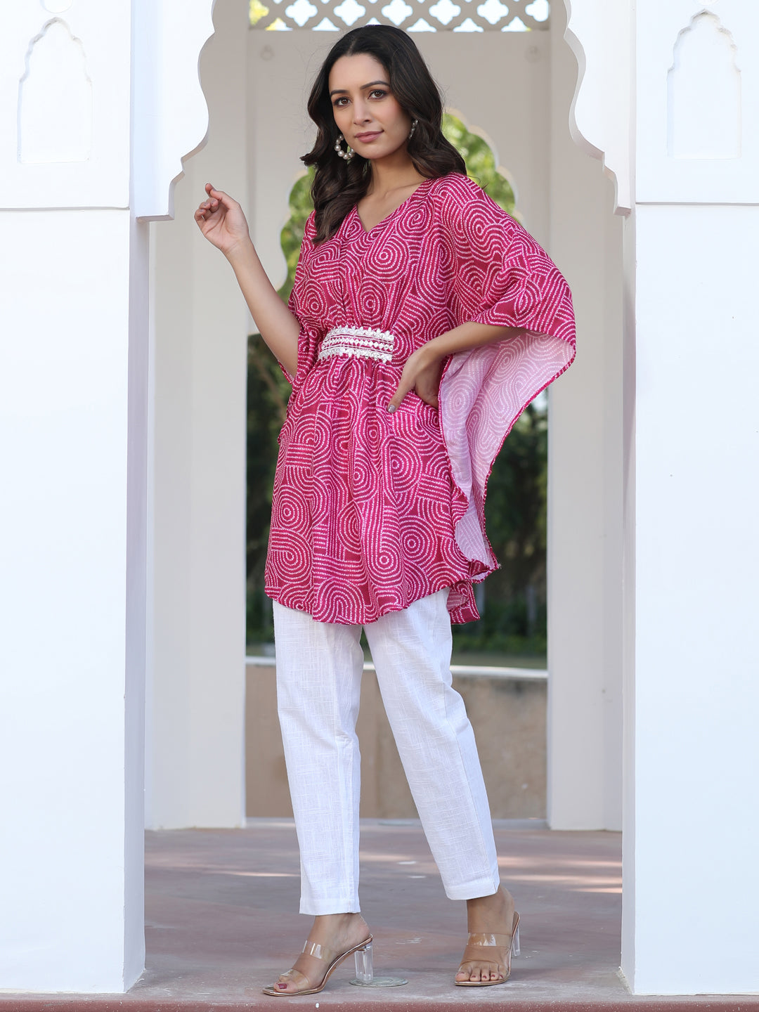 Red Embroidred Broach Belt Printed Muslin Kaftan Top With White Cotton Straight Fit Tousers