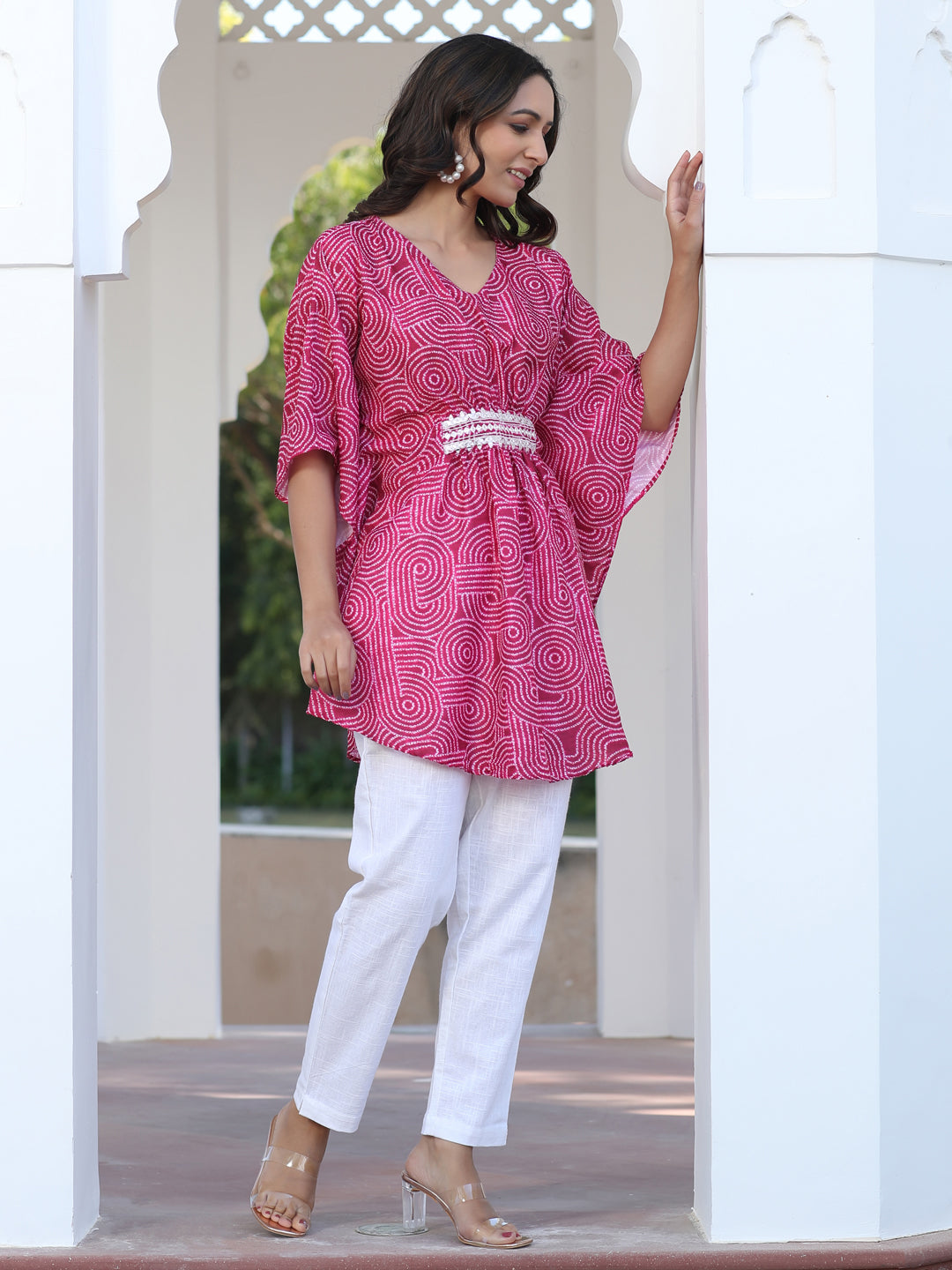 Red Embroidred Broach Belt Printed Muslin Kaftan Top With White Cotton Straight Fit Tousers