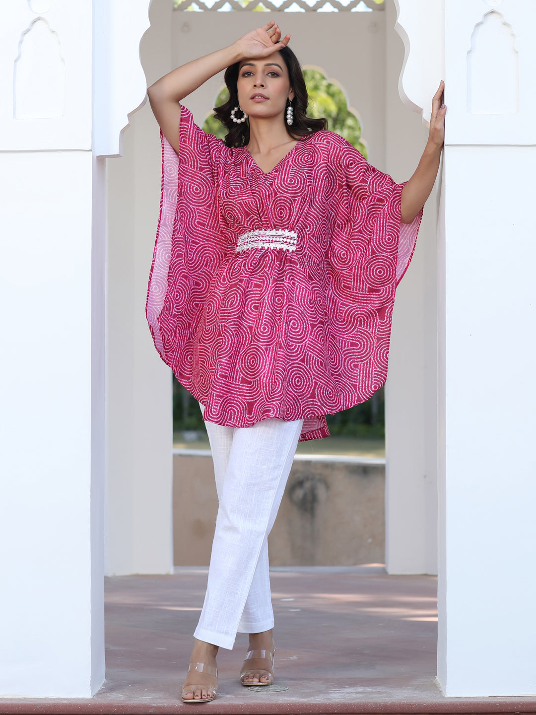 Red Embroidered Broach Belt Printed Muslin Kaftan Top