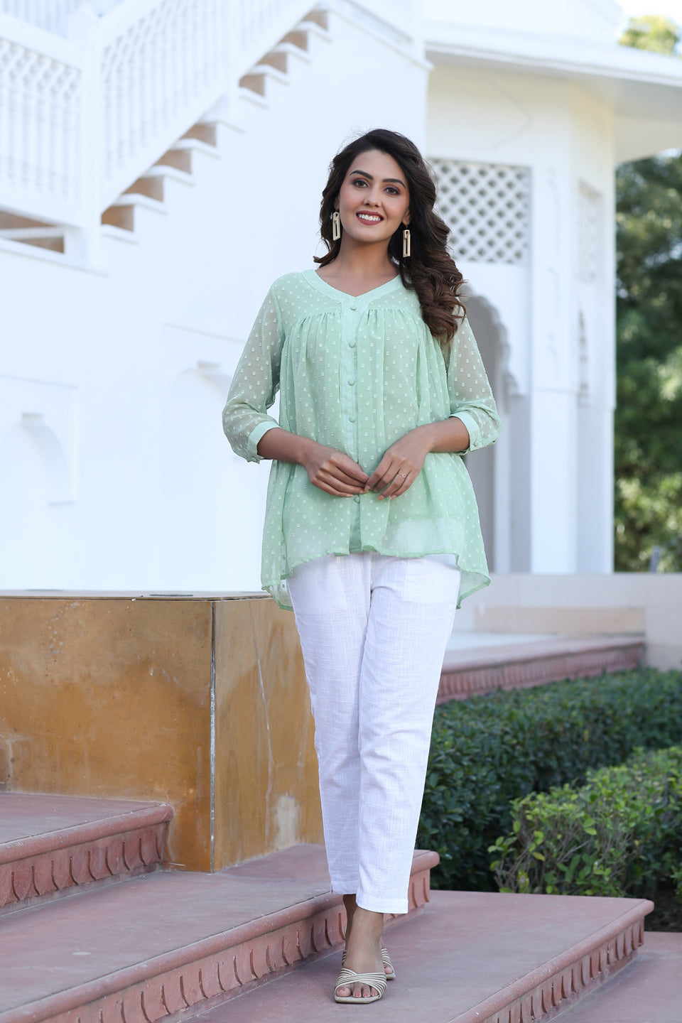 Green Chiffon Dobby Gathered Top With Flared Hemline With Cotton White Flared Pants