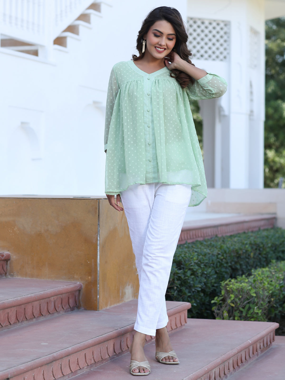 Green Chiffon Dobby Gathered Top With Flared Hemline With Cotton White Flared Pants