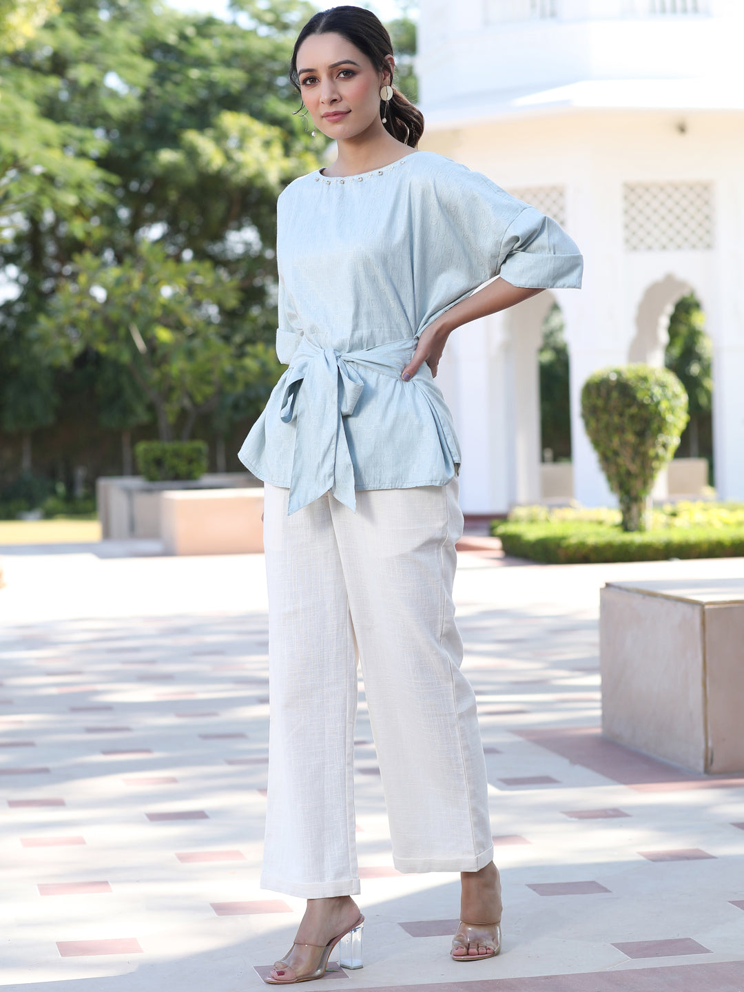Light Blue Color Self Weaved Embellished Top With Tie-Up Belt