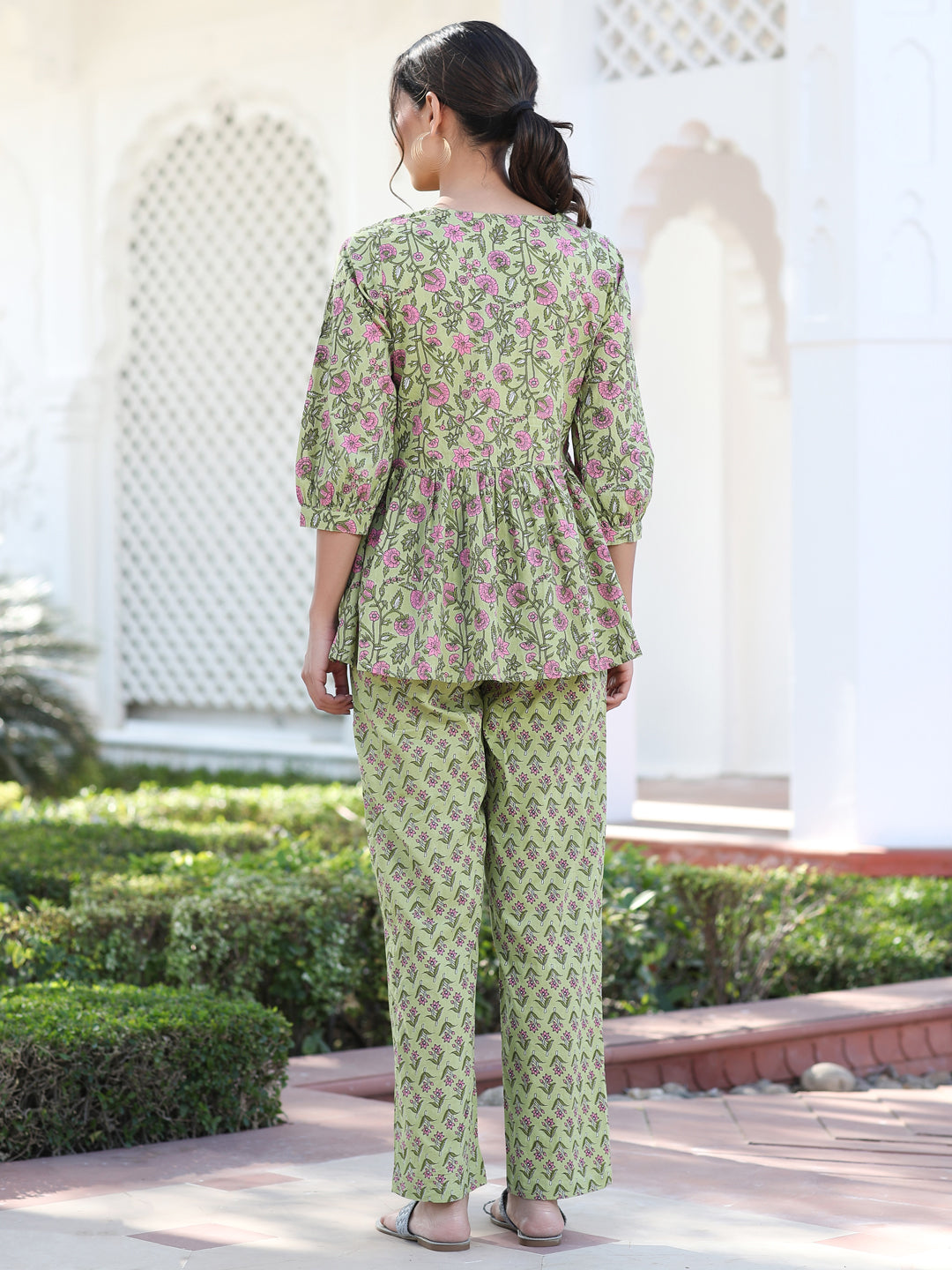Cotton Ethnic Printed Green Lounge Wear Has Gathered Top And Pants