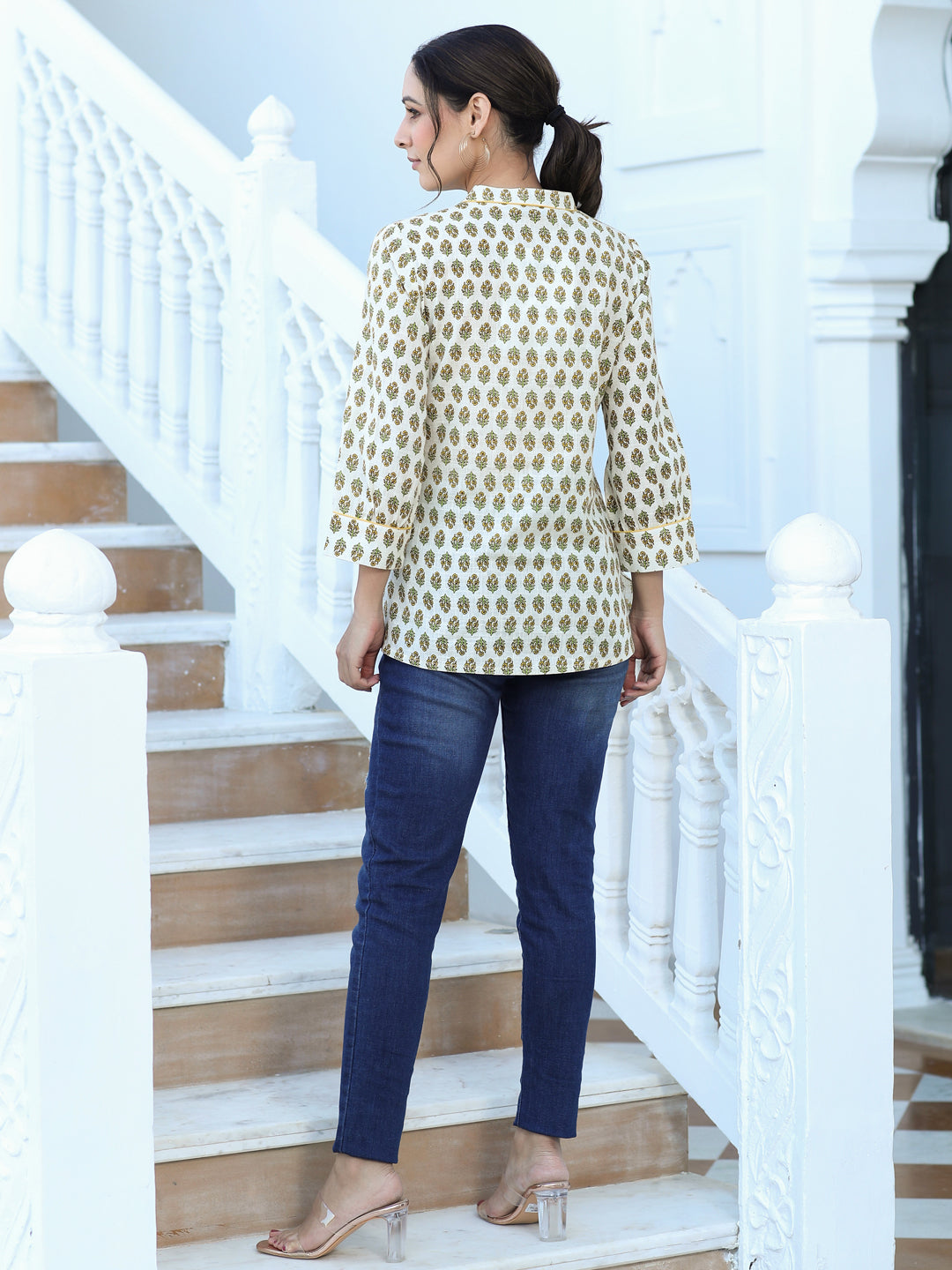 White Ethnic Printed Pleated Top