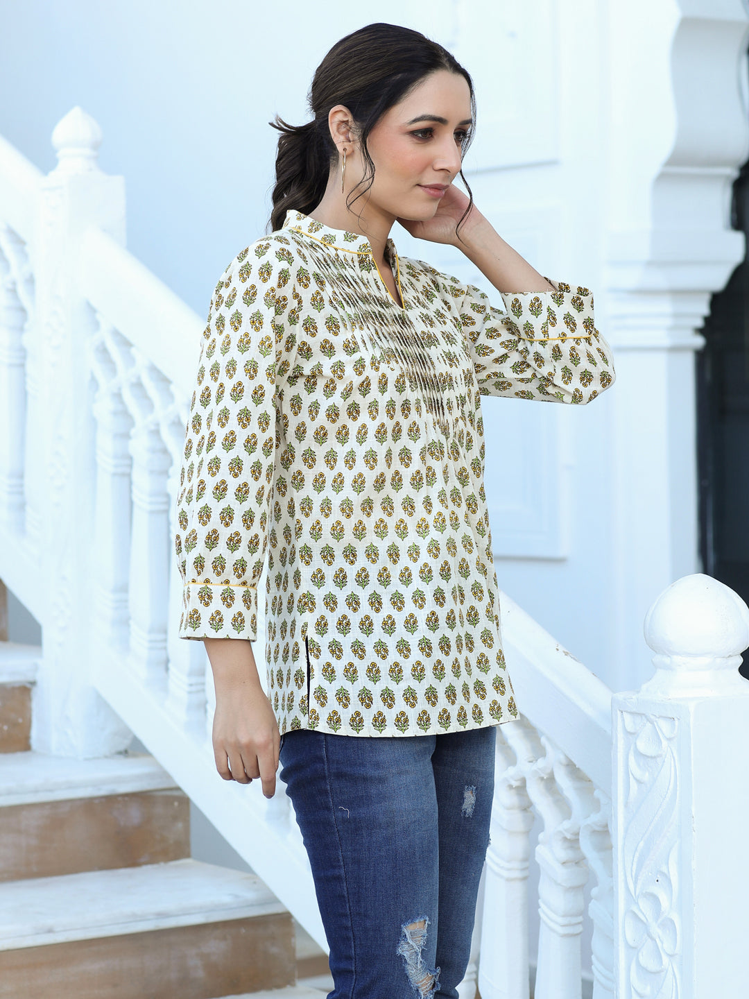 White Ethnic Printed Pleated Top