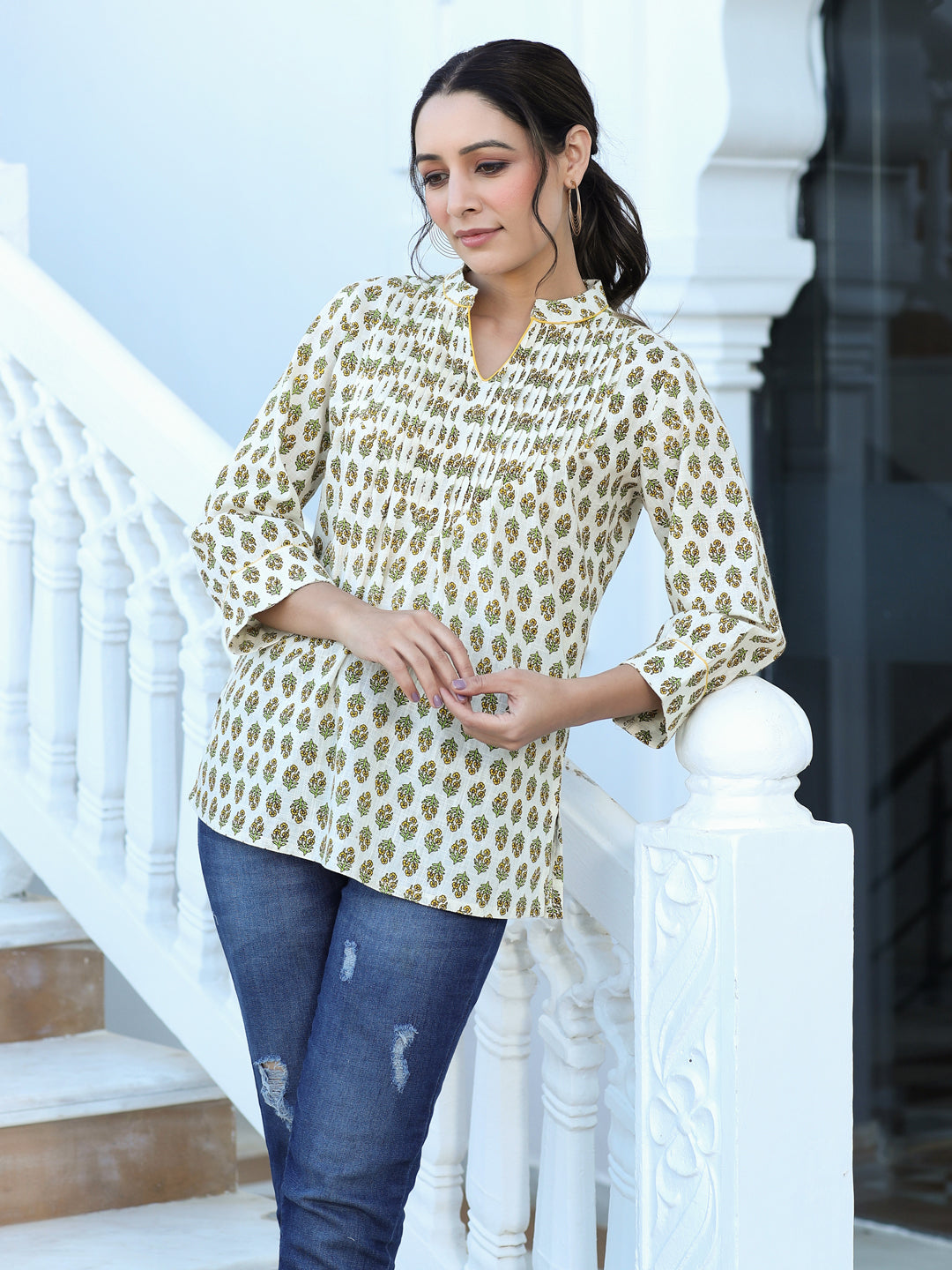 White Ethnic Printed Pleated Top