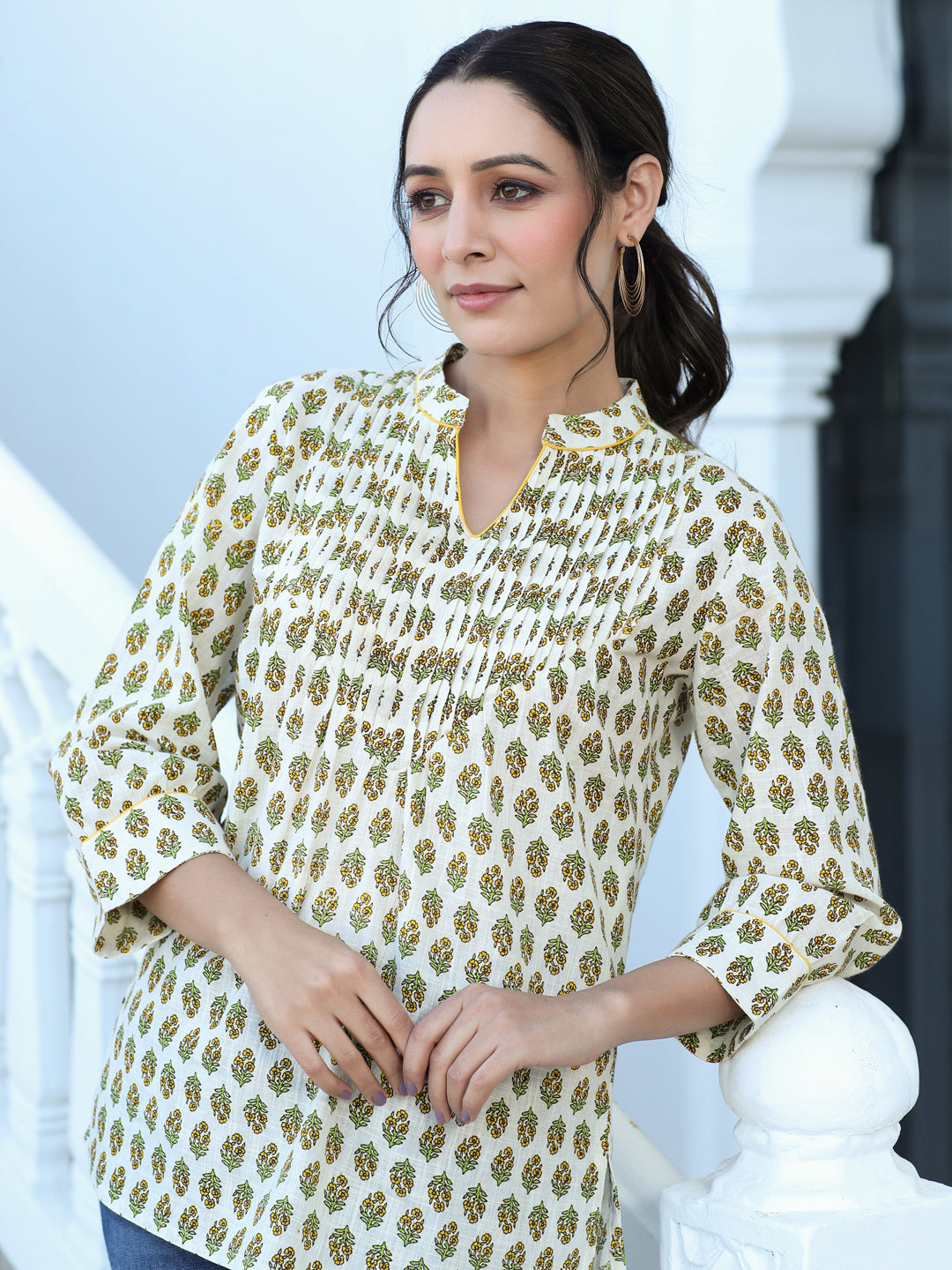 White Ethnic Printed Pleated Top