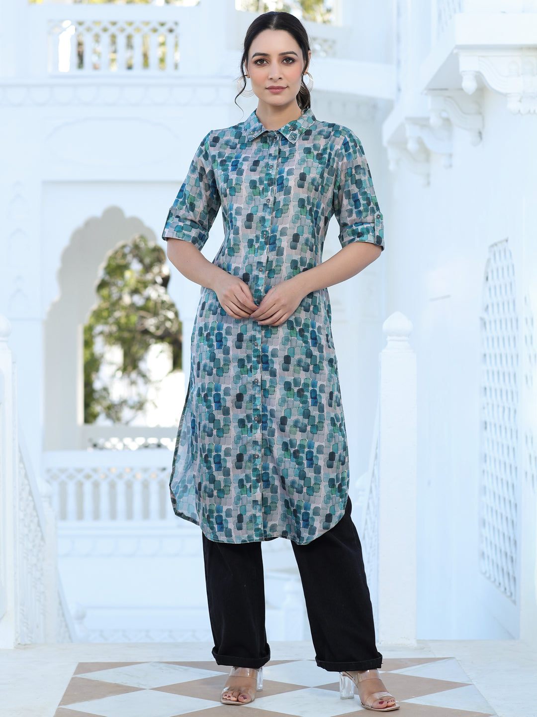 Grey Embellished Muslin Abstract Print Kurta