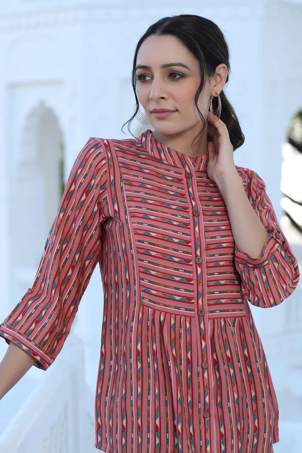 Pink Chanderi Geometric Printed Gathered Shirt