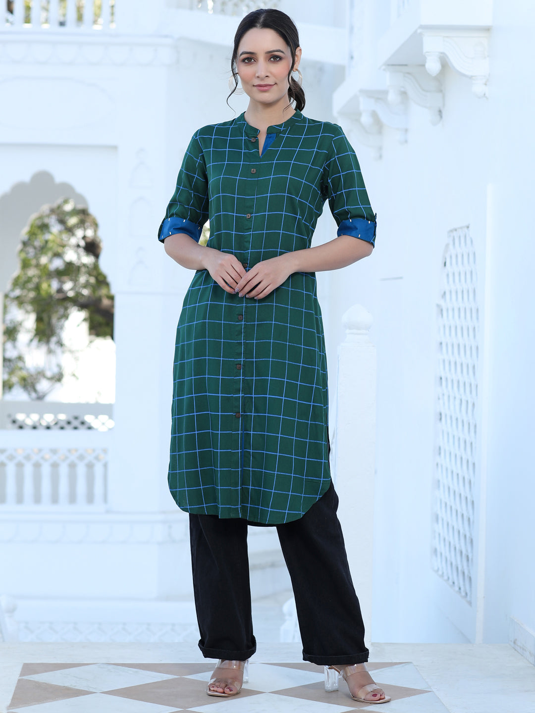 Green Checks Rayon Straight Kurta