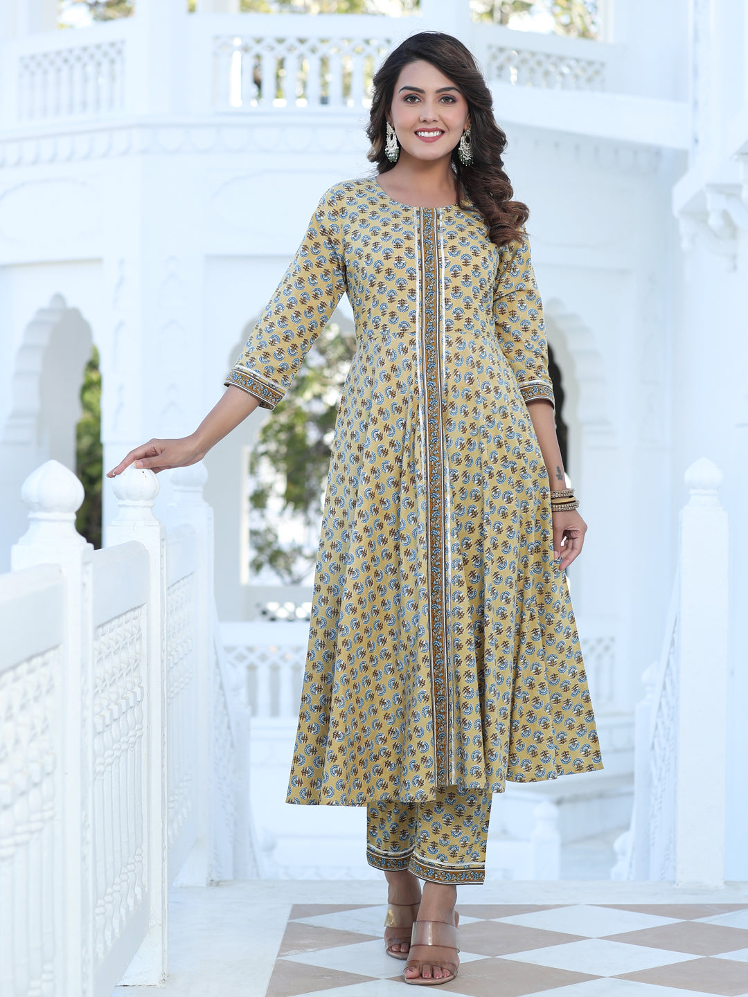 Yellow Ethnic Print Circular Kurta With Printed Pant