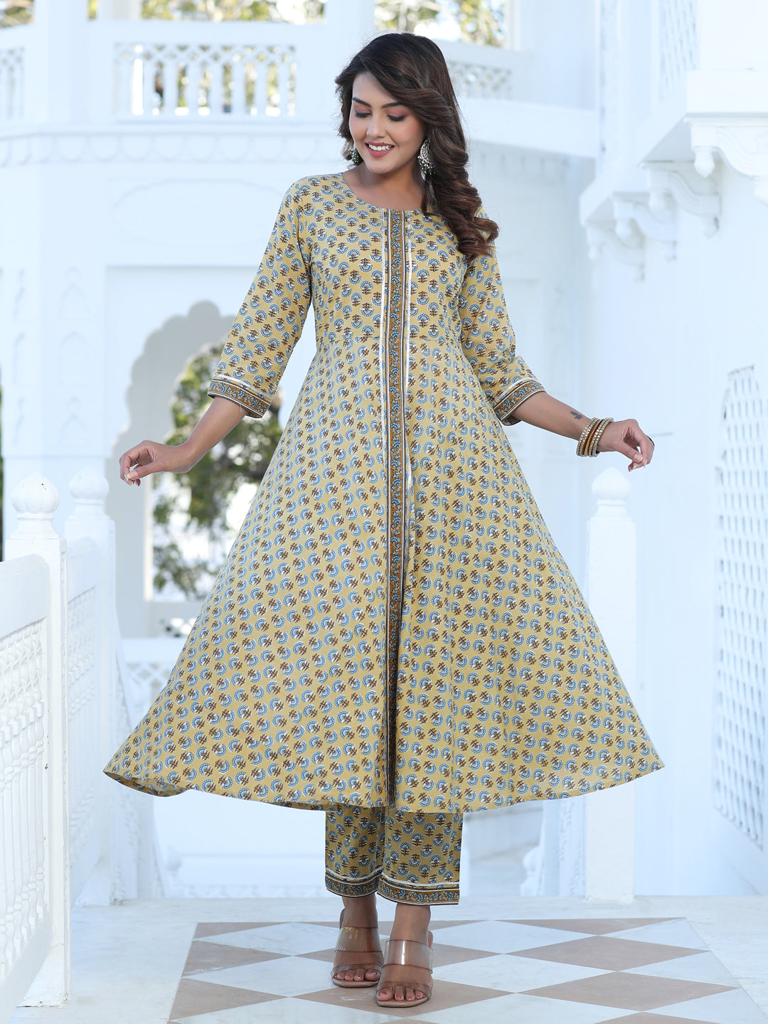 Yellow Ethnic Print Circular Kurta With Printed Pant