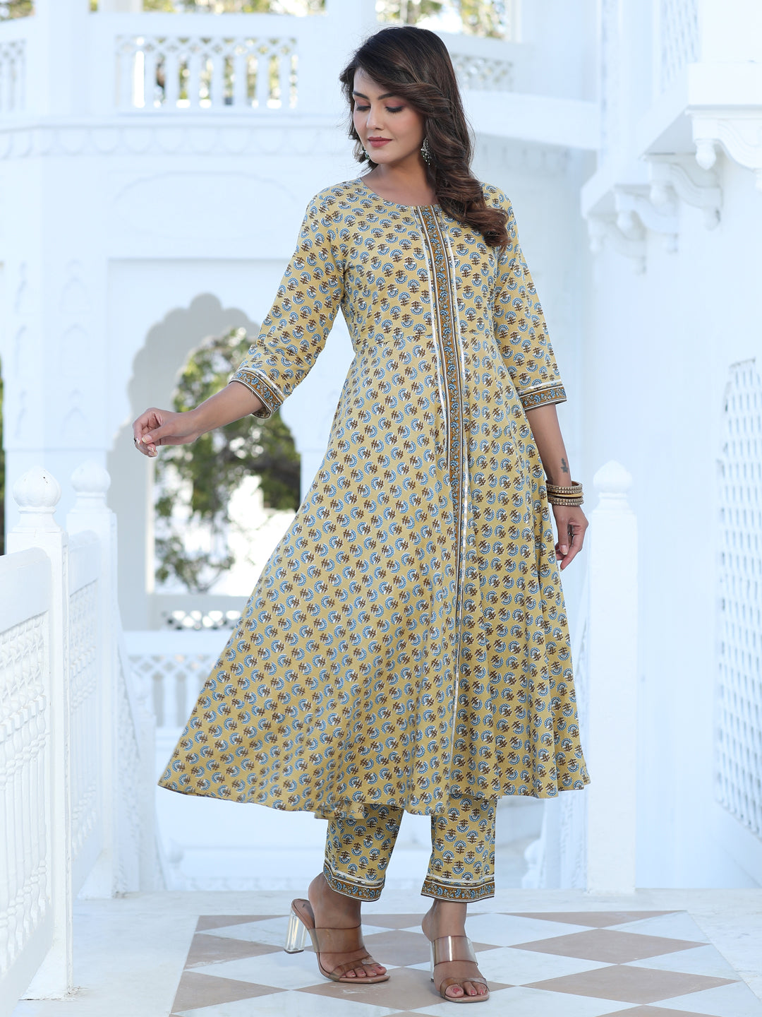 Yellow Ethnic Print Circular Kurta With Printed Pant