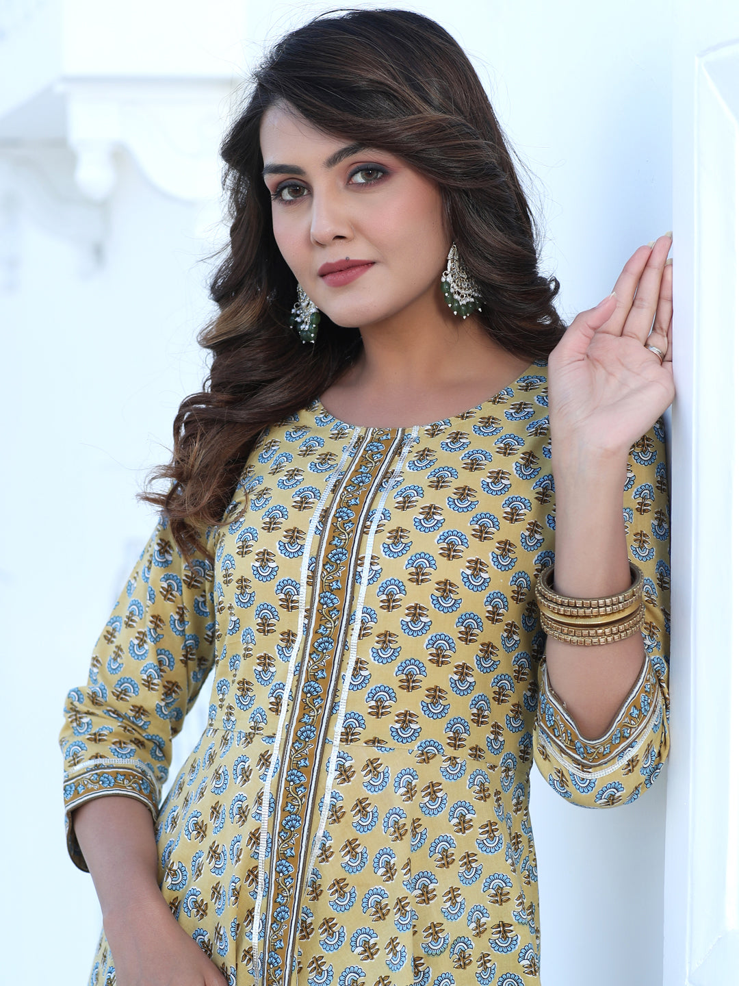 Yellow Ethnic Print Circular Kurta With Printed Pant