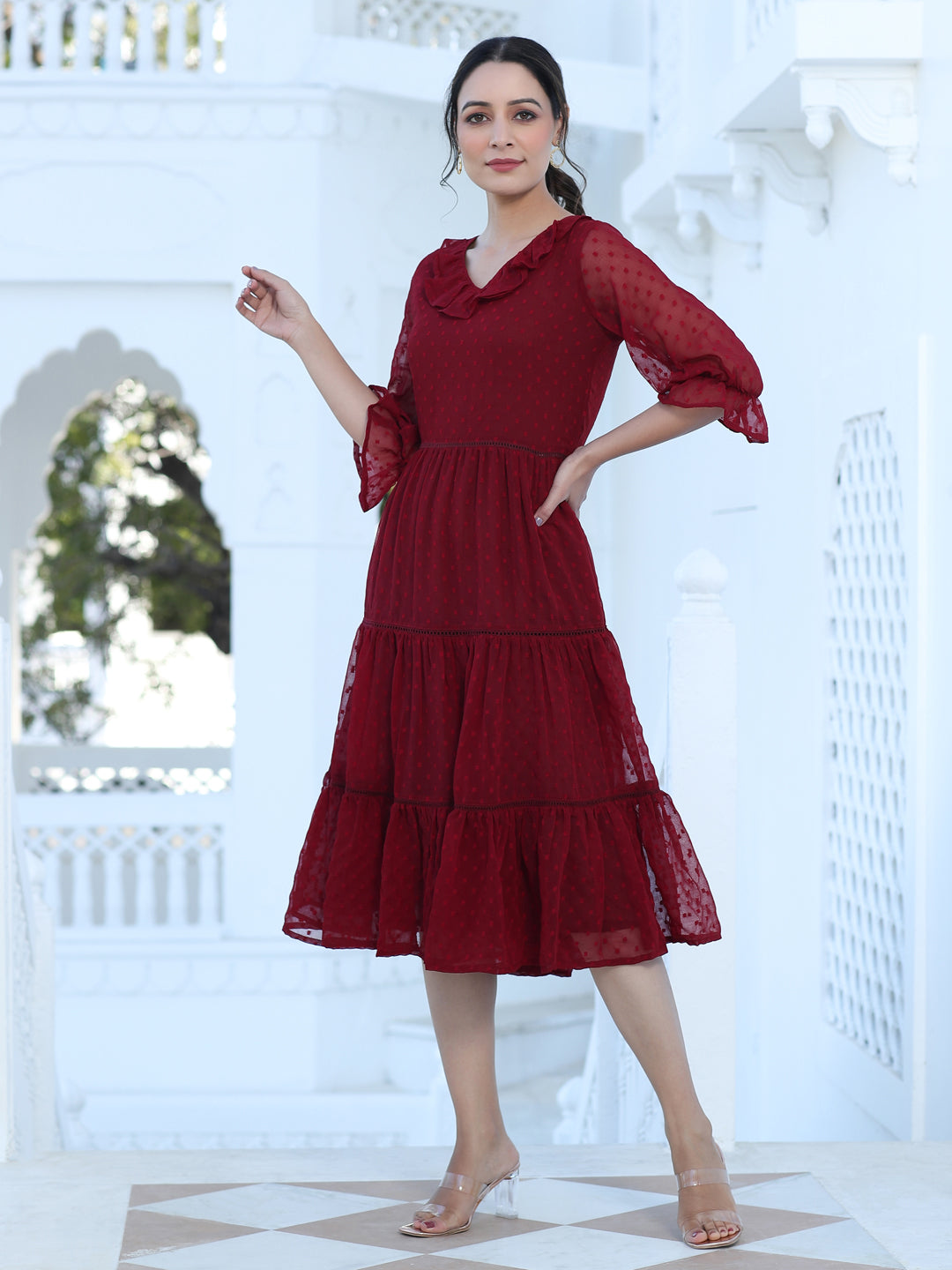 Maroon Color Polka Self Weave Georgette Tiered Lace Inserted Dress