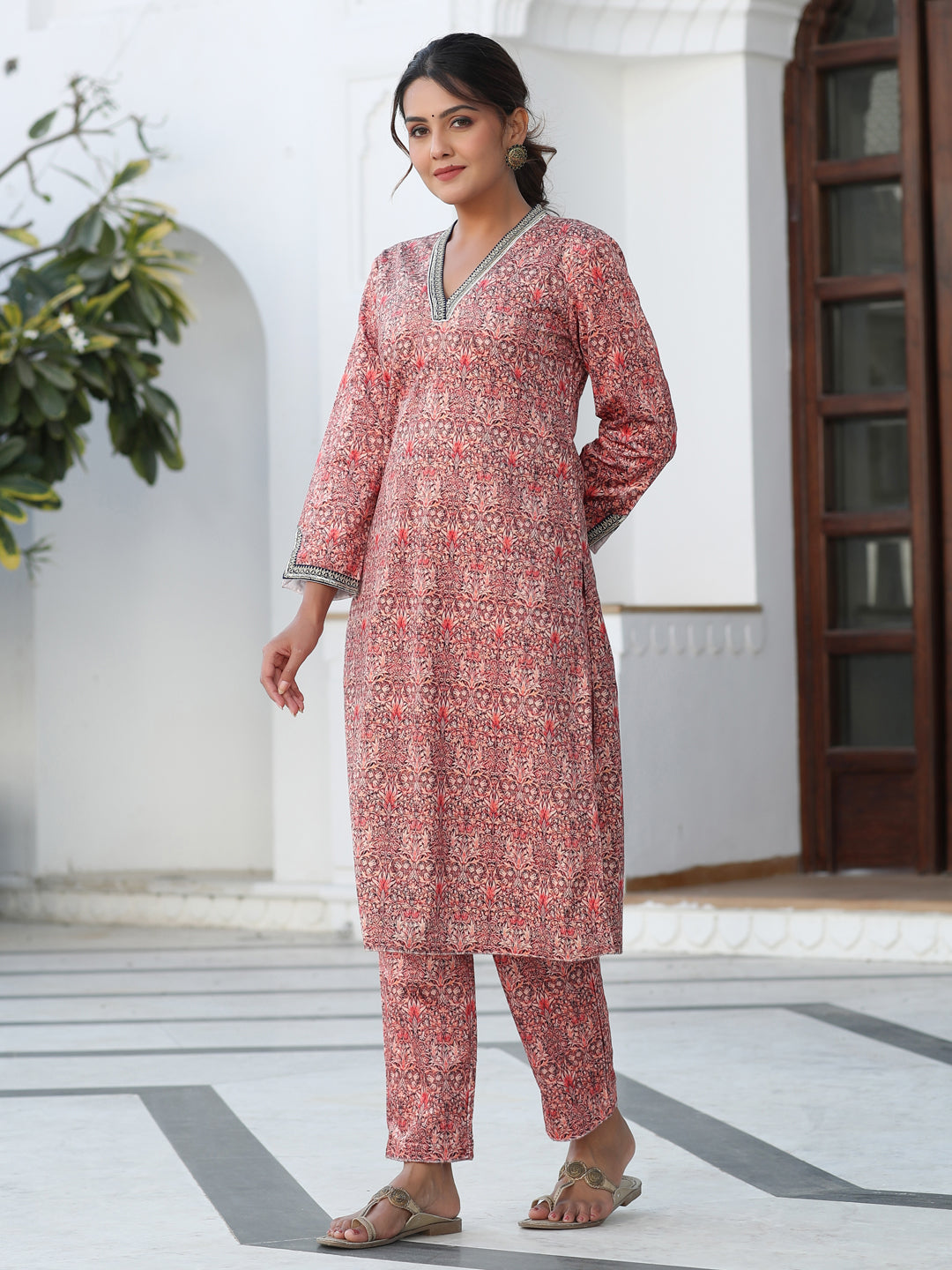 Peach Printed Embroidered Velvet Straight Kurta With Pant