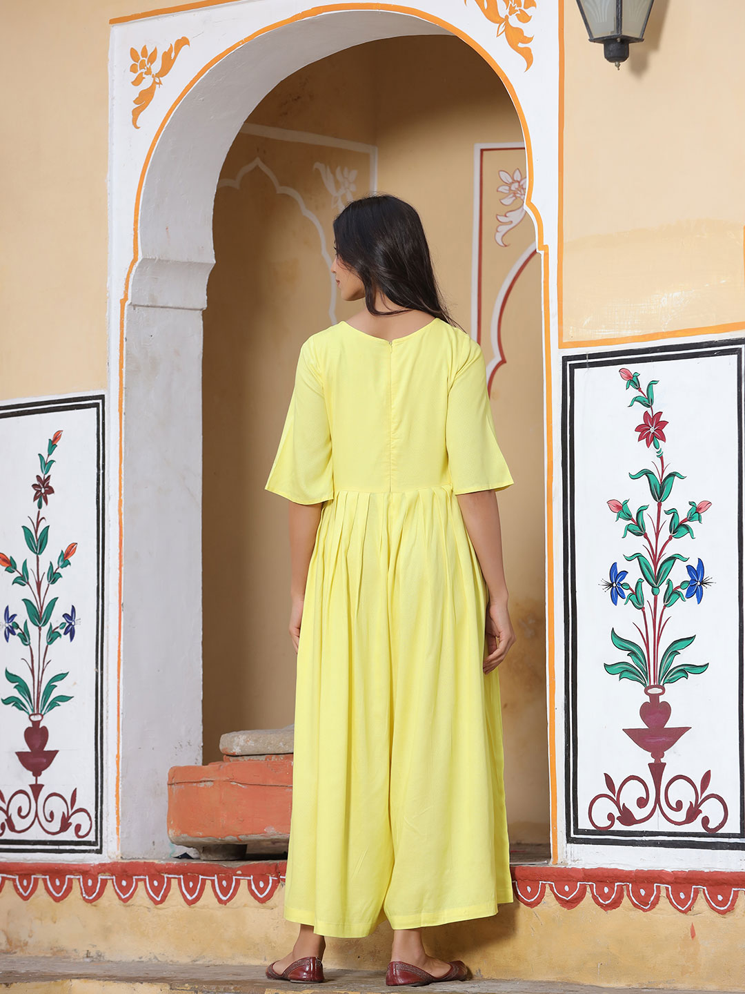 Yellow Solid Rayon Pleated Jumpsuit