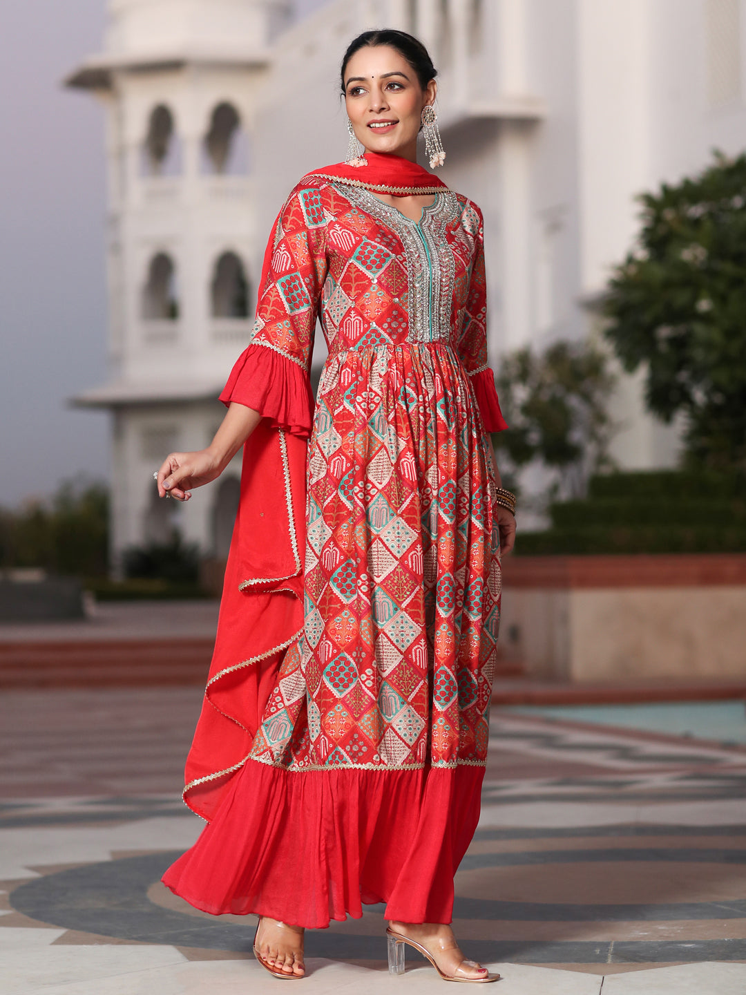Red Muslin Digital Printed Embroidered Flared Kurta With Solid Dupatta