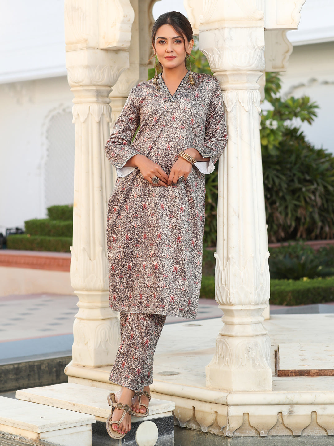 Beige Printed Velvet Straight Kurta With Pants