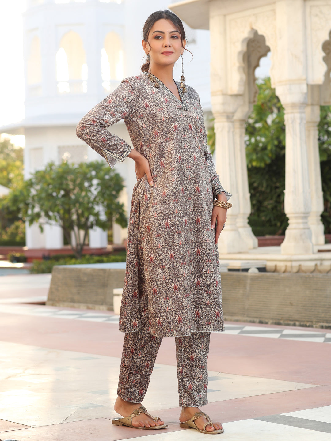 Beige Printed Velvet Straight Kurta With Pants