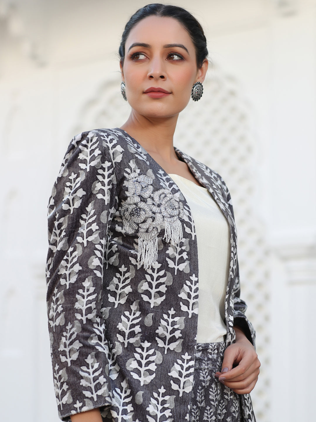 Embroidered Grey Printed Velvet Jacket With Cream Crop Top And Printed Velvet Pants