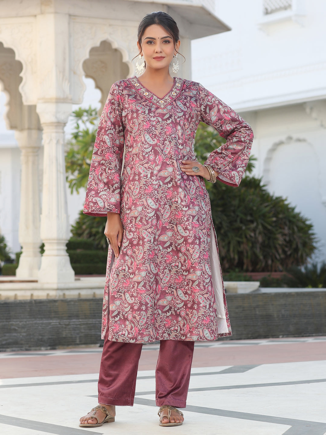 Wine Velvet Printed Embroidered Kurta Pair With Solid Velvet Pant