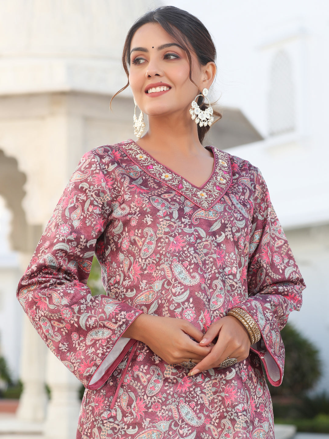 Wine Velvet Printed Embroidered Kurta Pair With Solid Velvet Pant