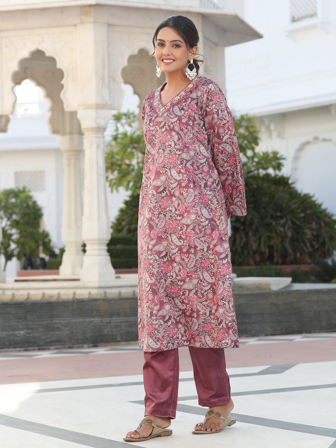 Wine Velvet Printed Embroidered Kurta Pair With Solid Velvet Pant