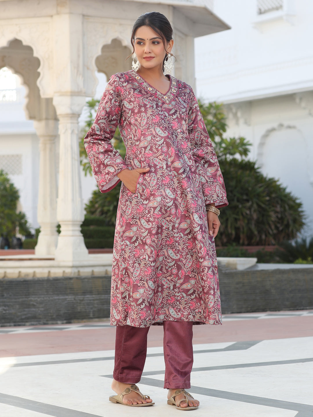 Wine Velvet Printed Embroidered Kurta Pair With Solid Velvet Pant