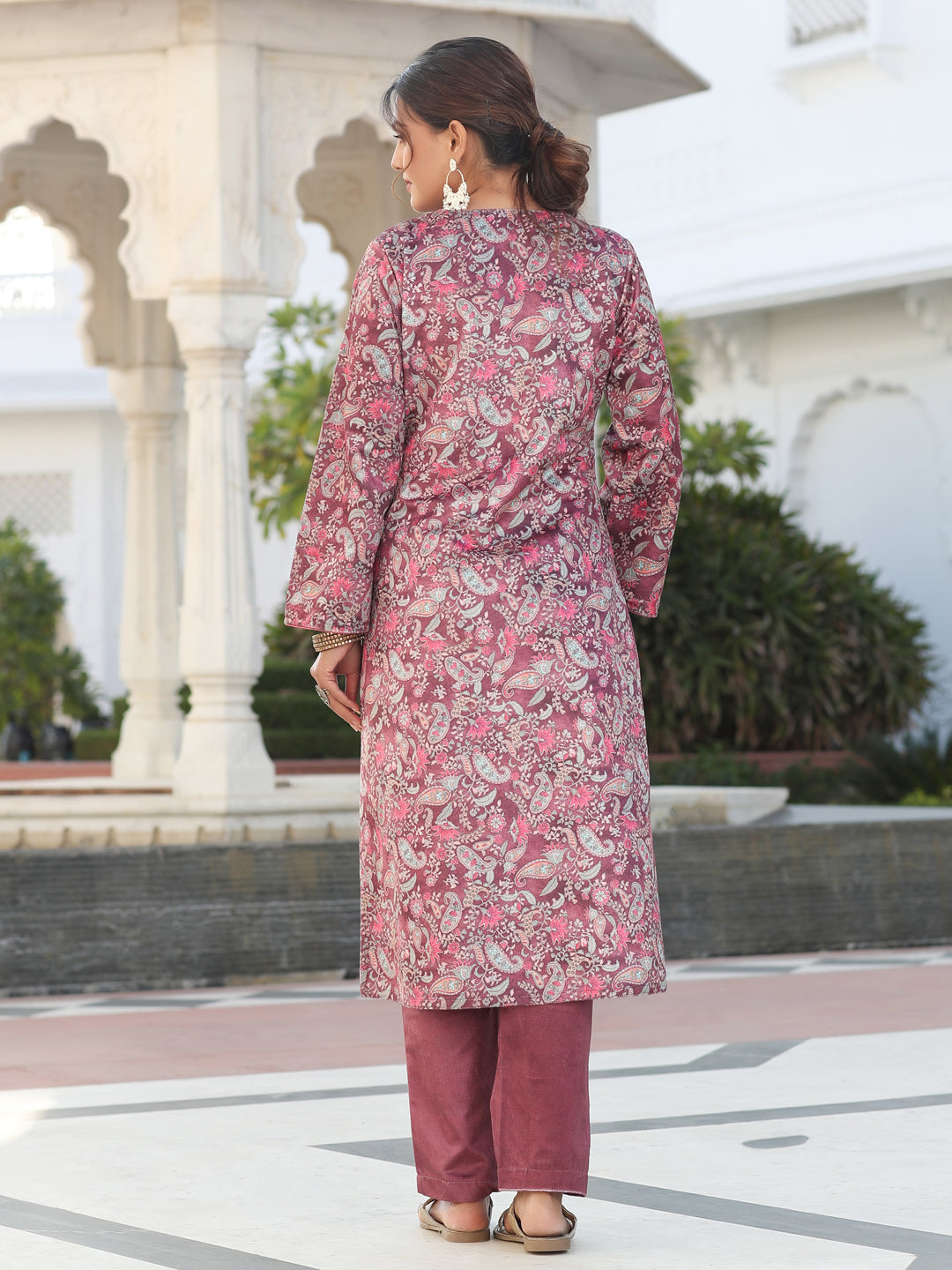 Wine Velvet Printed Embroidered Kurta Pair With Solid Velvet Pant