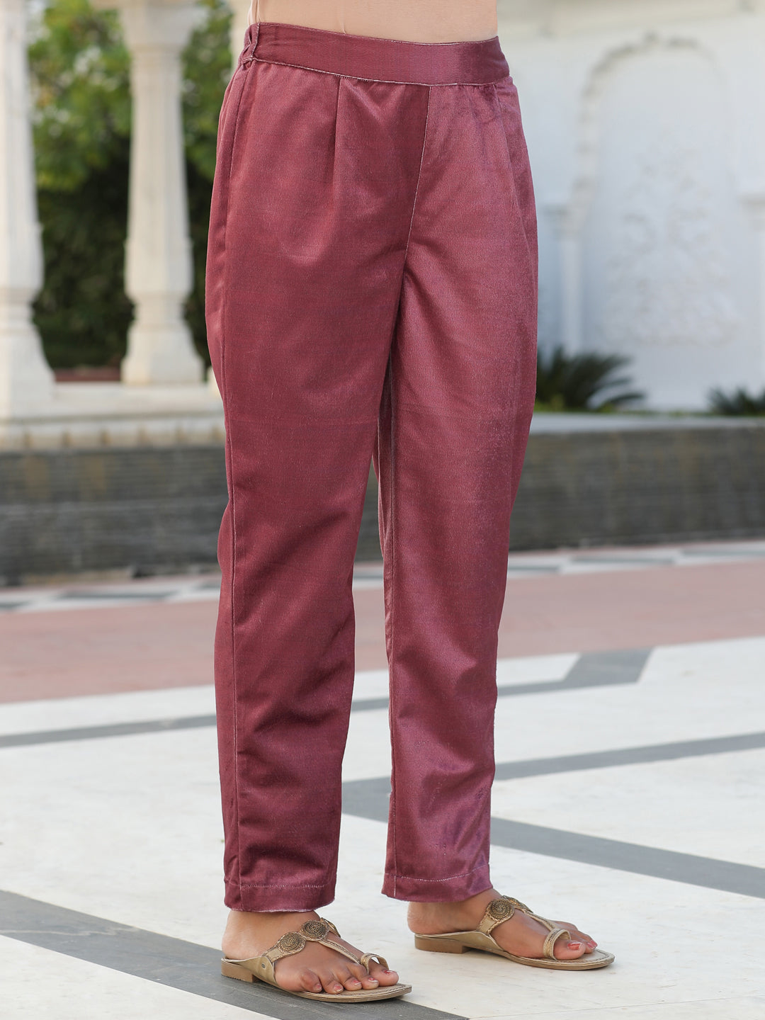 Wine Velvet Printed Embroidered Kurta Pair With Solid Velvet Pant