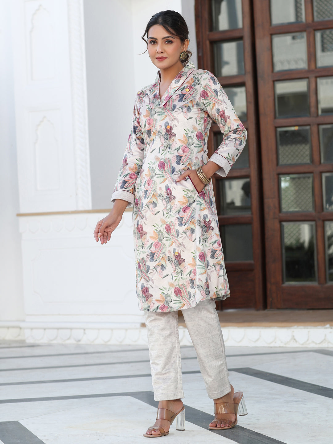 Beige Printed Embroidered Velvet Aline Kurta With Solid Velvet Pant