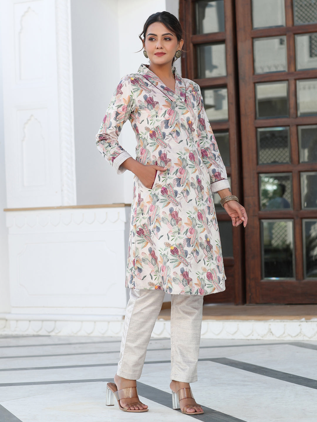Beige Printed Embroidered Velvet Aline Kurta With Solid Velvet Pant
