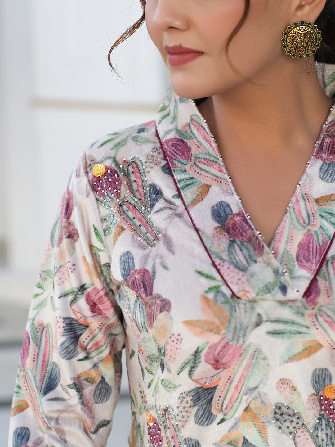 Beige Printed Embroidered Velvet Aline Kurta With Solid Velvet Pant