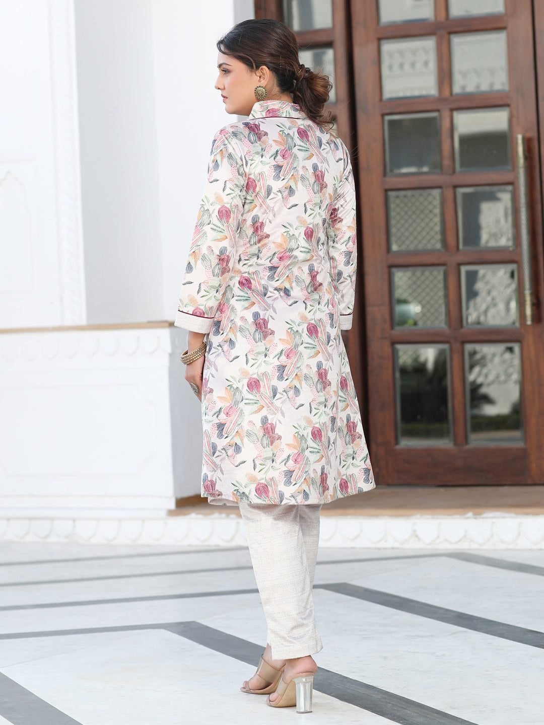 Beige Printed Embroidered Velvet Aline Kurta With Solid Velvet Pant