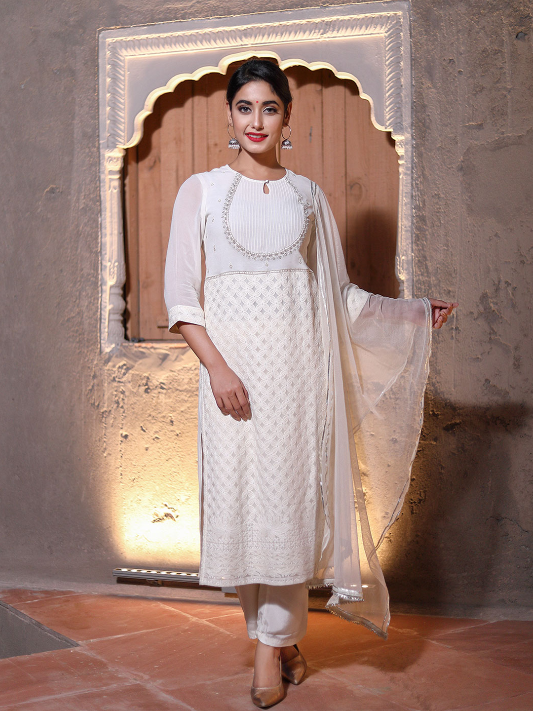 Amaiva Off-White Embroidered Straight Kurta With Palazzos And Net Dupatta