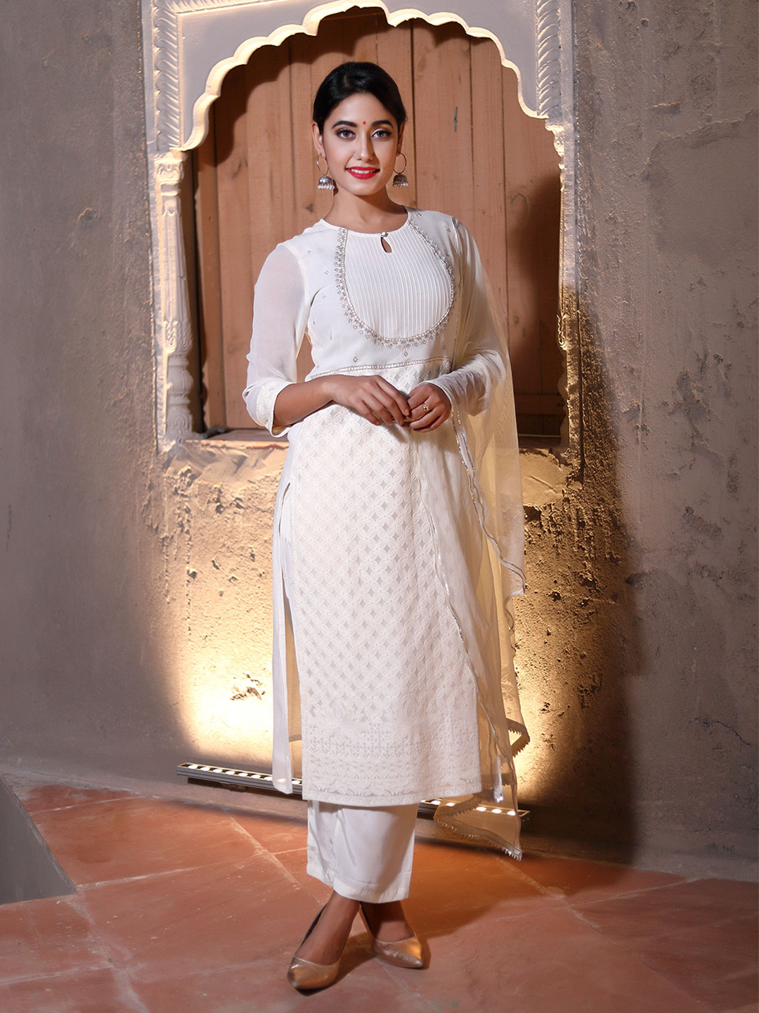 Amaiva Off-White Embroidered Straight Kurta With Palazzos And Net Dupatta