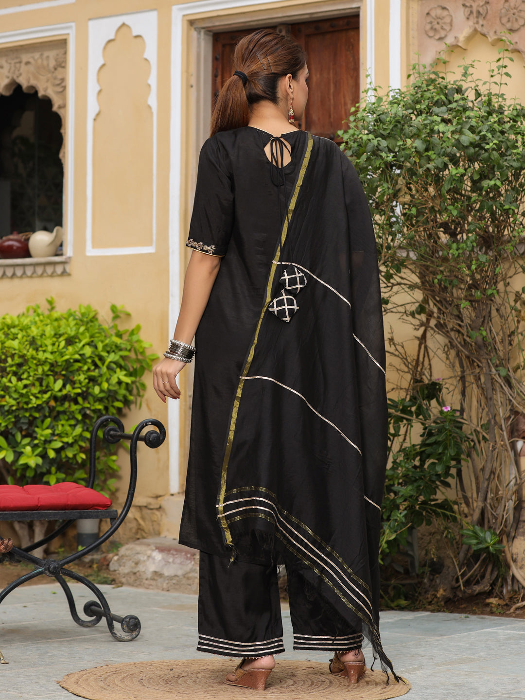 Black Solid Straight Kurta With Palazzo And Chanderi Dupatta