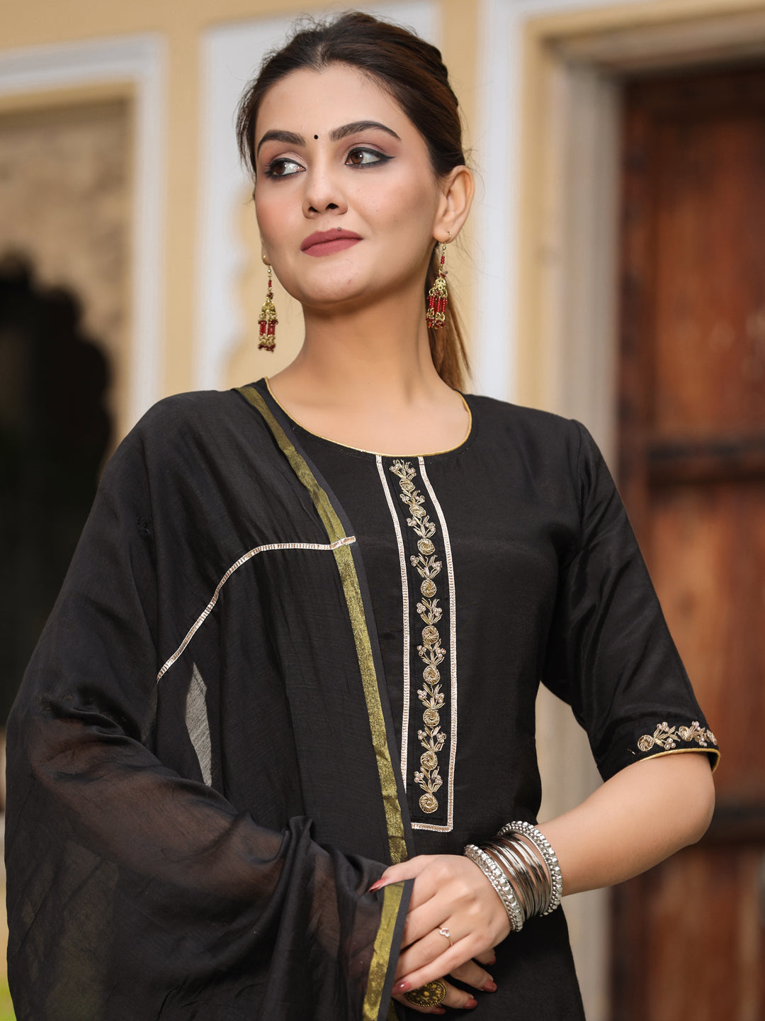 Black Solid Straight Kurta With Palazzo And Chanderi Dupatta
