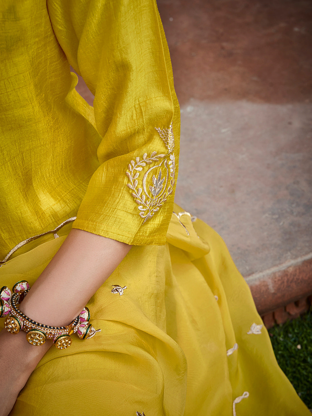 Mustard Straight Solid Embroidered Silk Kurta With Palazzo And Organza Dupatta