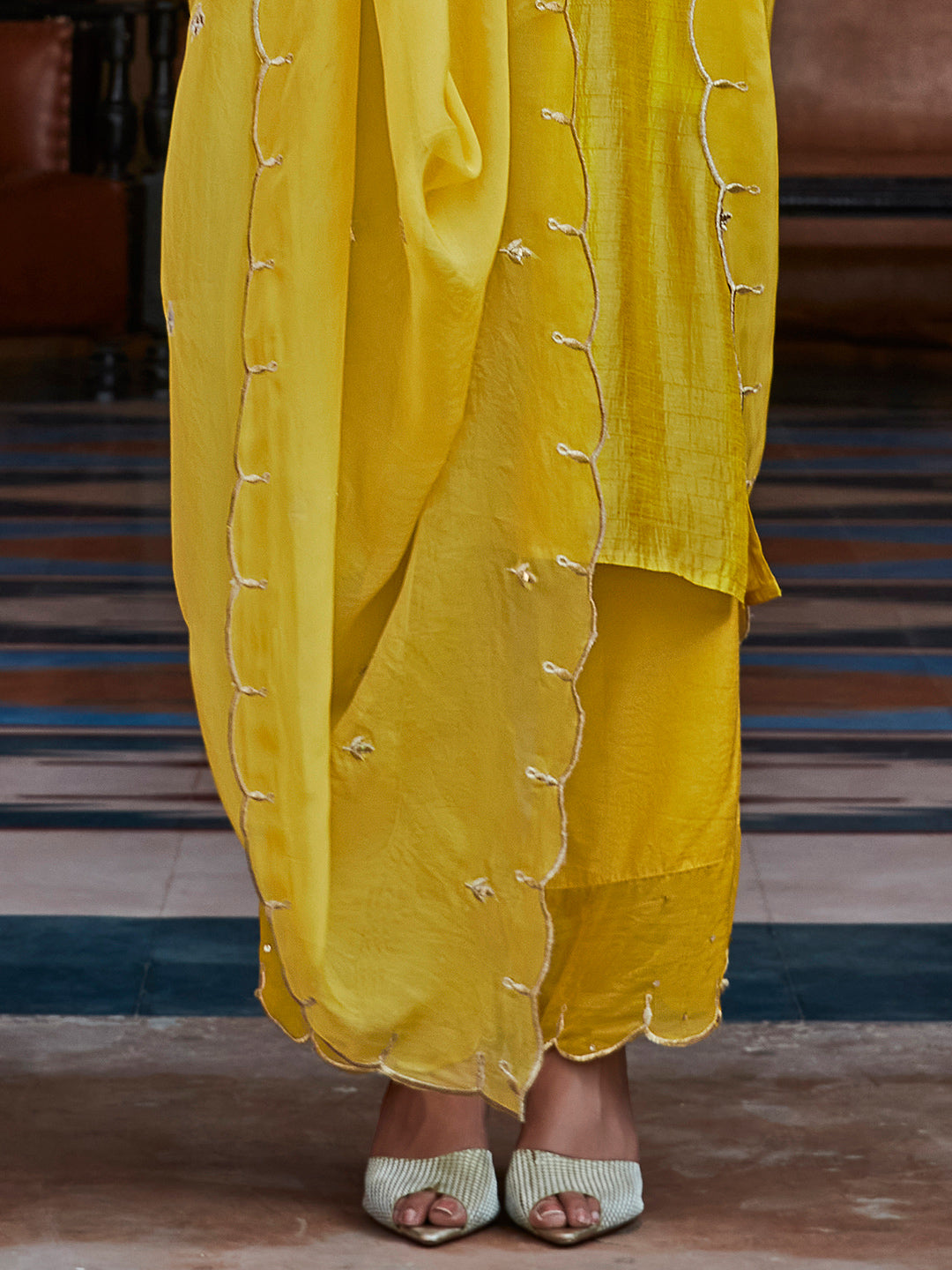 Mustard Straight Solid Embroidered Silk Kurta With Palazzo And Organza Dupatta