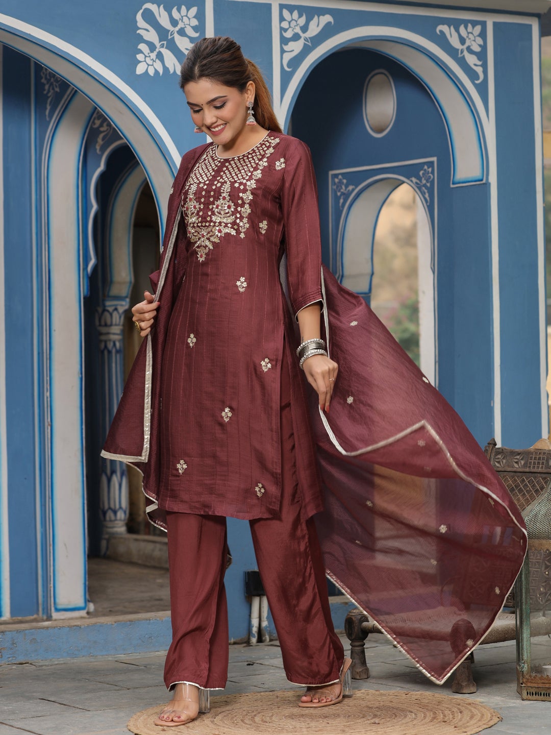 Straight Embroidered Kurta with Palazzo & Dupatta suit set