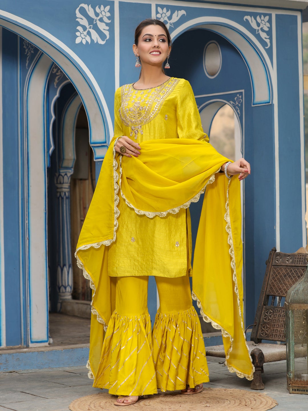 Straight Embroidered Kurta set with Sharara & Dupatta Online