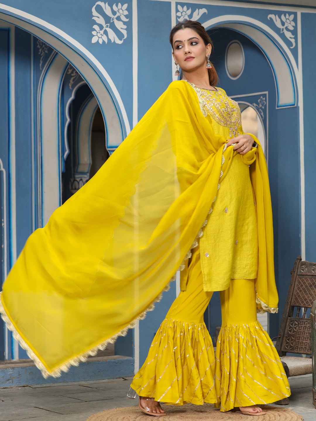 Kurta Set with Ruffled Sharara & Embroidered Dupatta