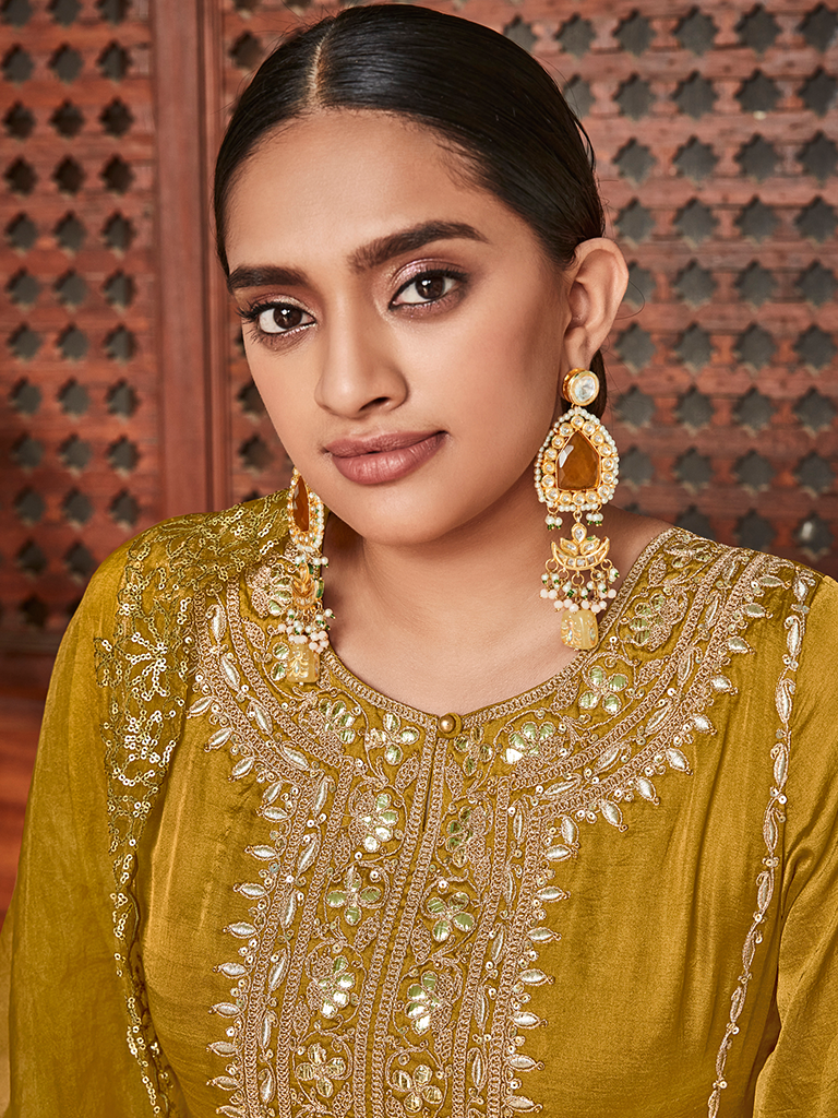 Mustard Straight Embroided Silk Kurta With Palazzo And Organza Embroidered Dupatta