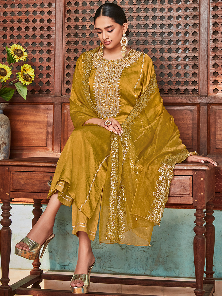 Mustard Straight Embroided Silk Kurta With Palazzo And Organza Embroidered Dupatta