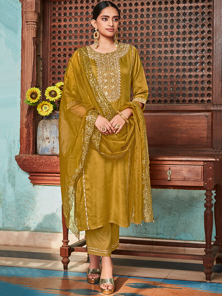 Mustard Straight Embroided Silk Kurta With Palazzo And Organza Embroidered Dupatta