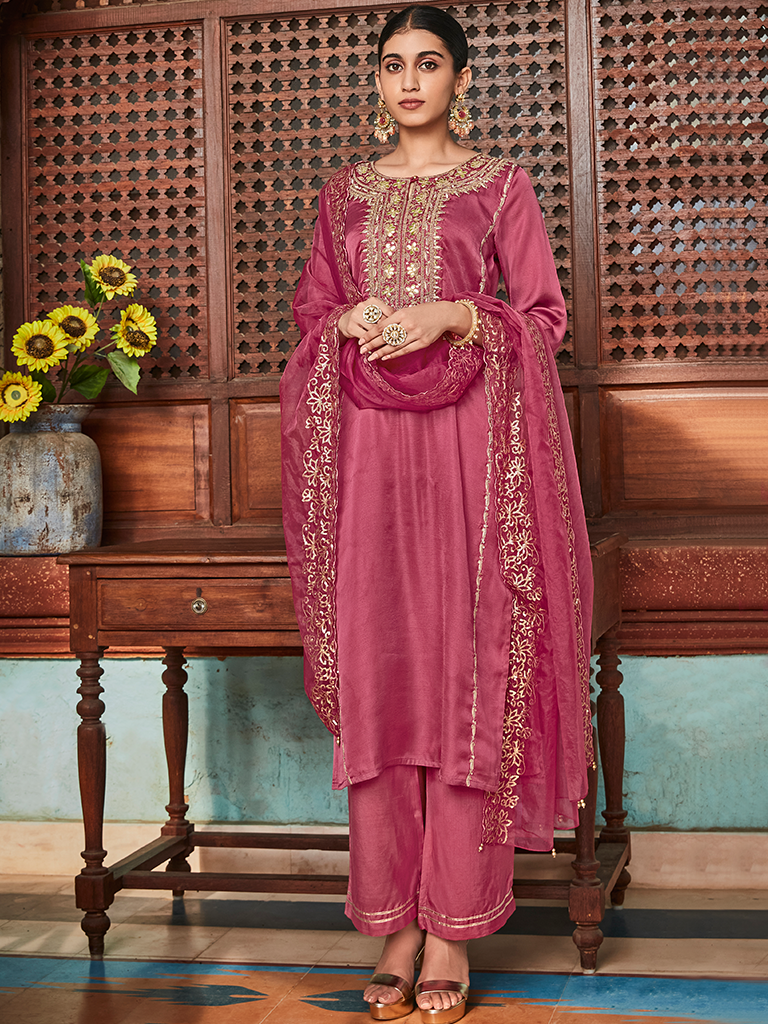 Mauve Straight Embroided Silk Kurta With Palazzo And Organza Embroidered Dupatta