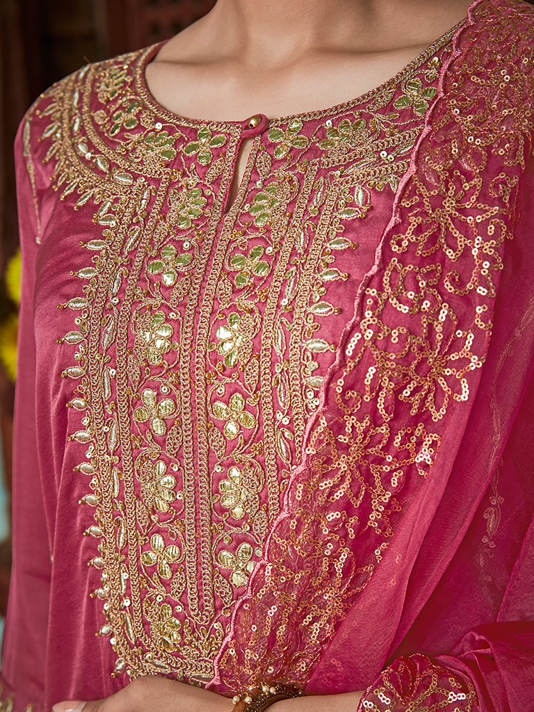 Mauve Straight Embroided Silk Kurta With Palazzo And Organza Embroidered Dupatta