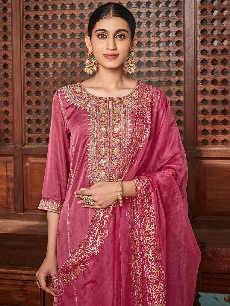 Mauve Straight Embroided Silk Kurta With Palazzo And Organza Embroidered Dupatta